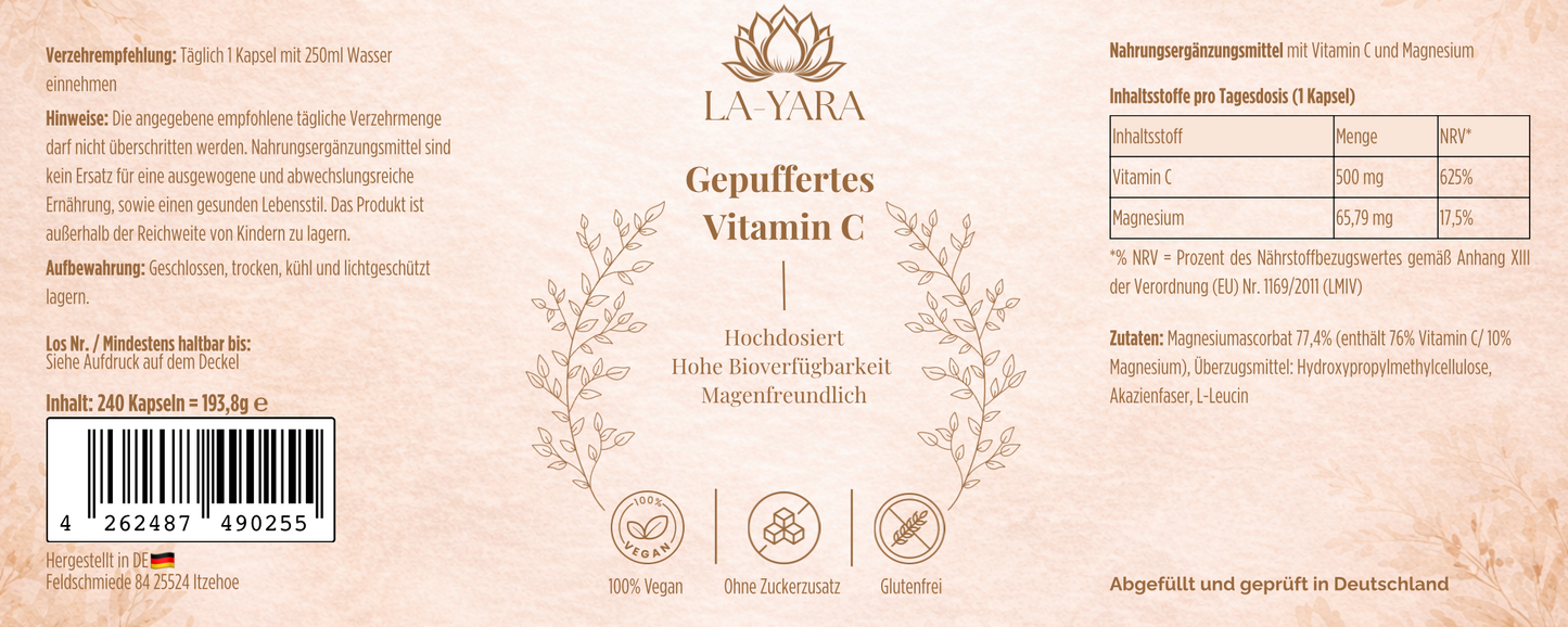 Gepuffertes Vitamin C 500mg + Magnesium - 240 Kapseln