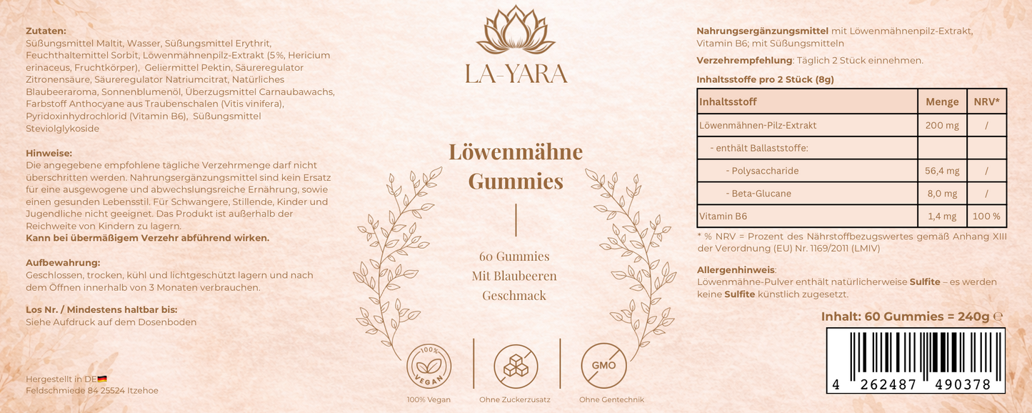 Löwenmähne + Vitamin B6 Gummies - 60 Stk.